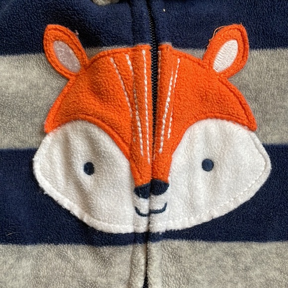 Blue and gray striped fleece zip up sleeper with fox feet! - Picture 3 of 5
